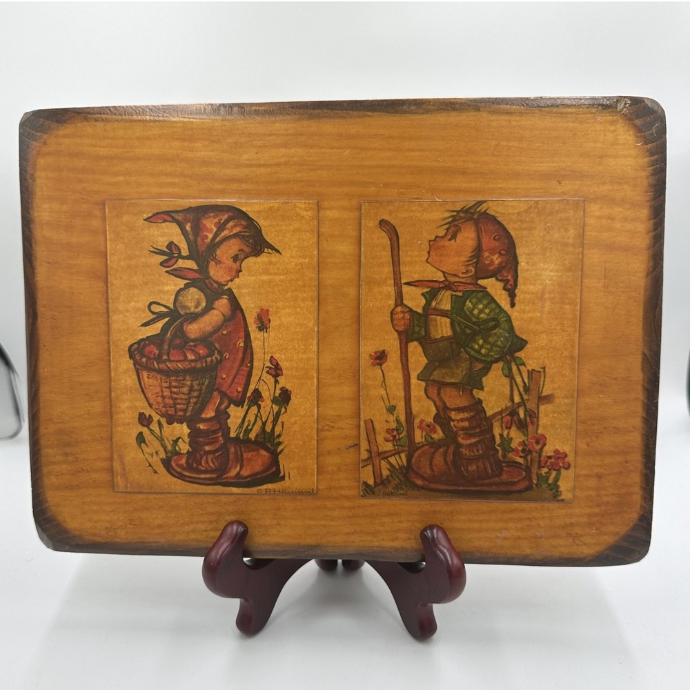 Vintage Hummel Wooden Wall Plaque Apple Girl & Boy Decoupage Folk Art Decor